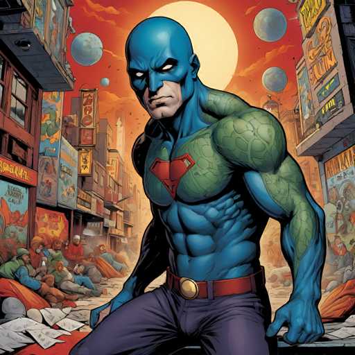 The image depicts a blue-skinned man with a green face and red hair wearing a blue suit and red belt, standing on a rooftop surrounded by buildings and people.