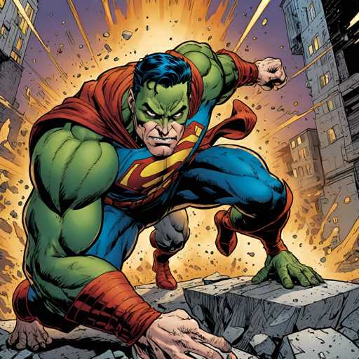 The image depicts a muscular green superhero with blue hair and a red cape, crouched low on his knees as he prepares for action. The background shows an urban setting with buildings and explosions, suggesting a scene of chaos or danger.