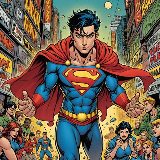 The image depicts a vibrant scene from the comic book series "Superman" featuring a superhero named Superman standing on a city street surrounded by other superheroes and civilians. The superheroes are dressed in their signature blue suits with gold accents, while the civilians are wearing colorful clothing. The background is filled with buildings and signs, creating an urban setting for the characters to interact within.
