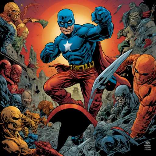 The image depicts a superhero character with blue and red body paint standing on his hind legs amidst a group of other superheroes, including one holding a sword and another wielding a gun. The background is filled with rubble and debris, suggesting an intense battle scene or rescue mission.