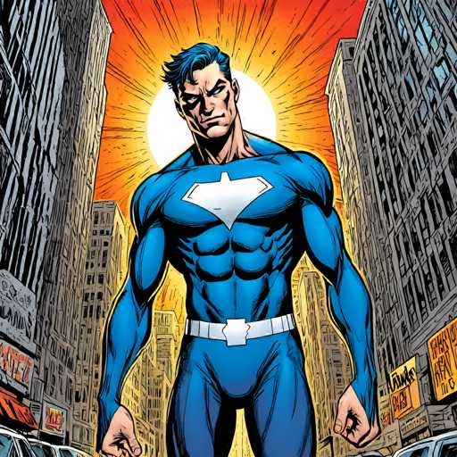 The image depicts a man dressed as Superman standing on a street surrounded by buildings and cars. The man is wearing a blue suit with white accents and has his arms crossed over his chest.