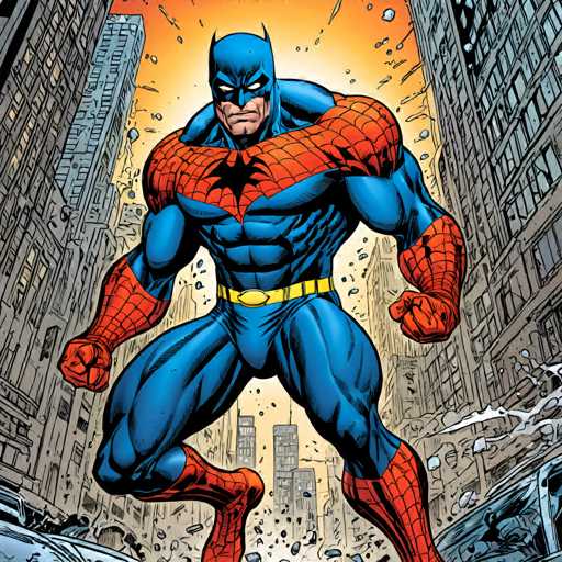 The image depicts a superhero character known as Spiderman standing on his hands and feet amidst a cityscape filled with buildings of various sizes and colors. The sky above is painted in shades of orange and yellow, creating a vibrant backdrop for the scene. The character's blue suit and red mask are prominently displayed against this colorful backdrop.