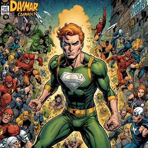 The image depicts a man dressed as Superman standing in front of a crowd of people wearing various superhero costumes and holding weapons such as swords and guns. The background is filled with the same superheroes from different comic book series, including Spiderman, Batman, and Iron Man.