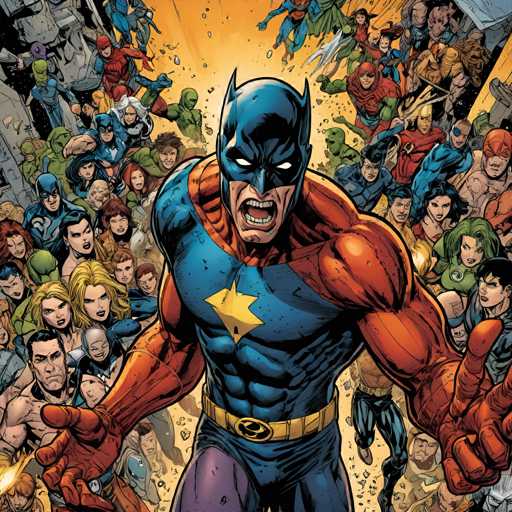 The image depicts a man dressed as Batman standing in front of a crowd of people wearing colorful clothing and holding weapons. The background is filled with the same group of people, creating a sense of unity among them.