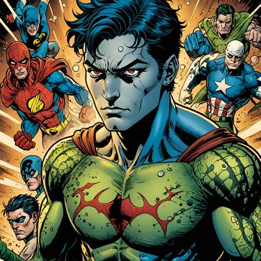 The image depicts a group of superheroes gathered together against an orange and yellow background with white lines. The central figure is a muscular man wearing a green suit with red accents on his chest and arms, holding a bat in one hand and a sword in the other. Surrounding him are six other superheroes, each with their own unique costumes and expressions.