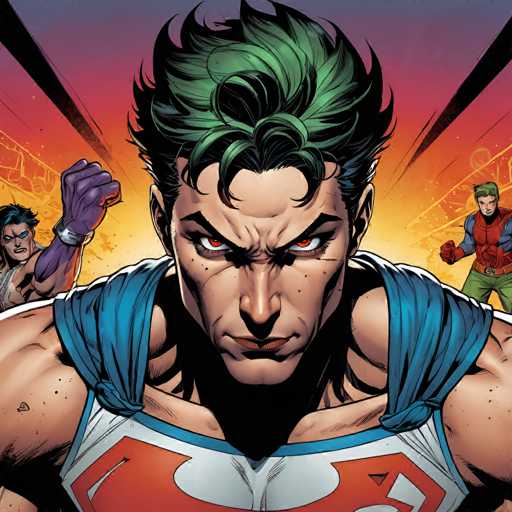 The image depicts three characters from a comic book series against an orange and purple sky backdrop. The central figure is a muscular man with green hair wearing a blue shirt and red pants, holding a gun in his right hand. To the left of this character stands another individual dressed in a purple shirt and green pants, also holding a gun. On the far right side of the image, there's a third person wearing a red shirt and green pants, also armed with a gun.