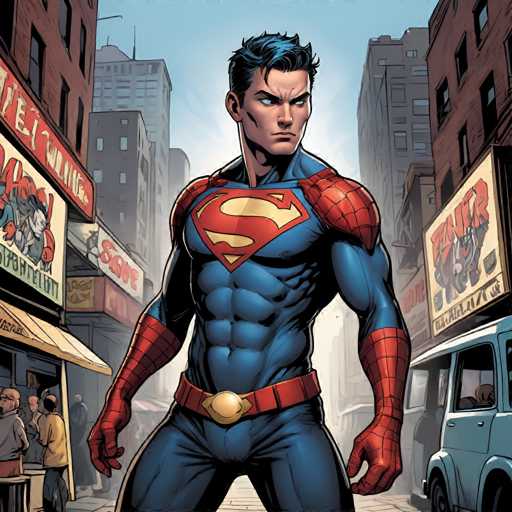 The image depicts a man dressed as Spiderman standing on a street corner surrounded by buildings and signs. The man is wearing a blue suit with red accents and a gold belt, and his face is painted in the iconic Spiderman mask design.