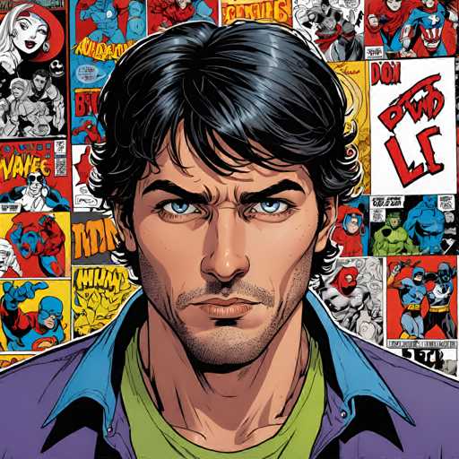 The image depicts a man with dark hair and blue eyes wearing a green shirt. He is standing against a backdrop of comic book covers featuring various characters such as Superman, Batman, and Spiderman. The colors in the image are predominantly red, black, and yellow, creating a vibrant and dynamic scene.