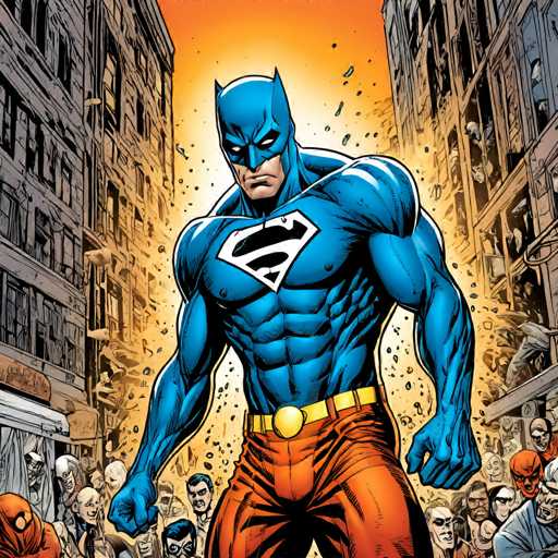 The image depicts a blue-skinned superhero with a red cape and gold belt standing in the center of a cityscape filled with buildings and people. The superhero is facing towards the right side of the image, surrounded by a crowd of people who appear to be either observing or participating in an event.