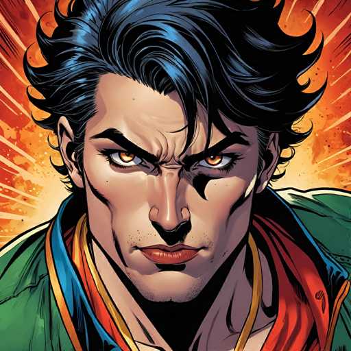 The image depicts a close-up portrait of a man with dark hair and a serious expression on his face. He is wearing a green jacket that contrasts with the orange background behind him. The man's gaze is directed straight at the viewer, creating an intense atmosphere in the scene.