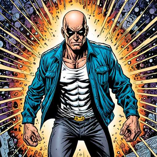 The image depicts a man with a bald head and a goatee standing against a backdrop of a vibrant explosion. The man is wearing a blue jacket over a white shirt and black pants. His arms are crossed in front of him, and he has his hands on his hips.
