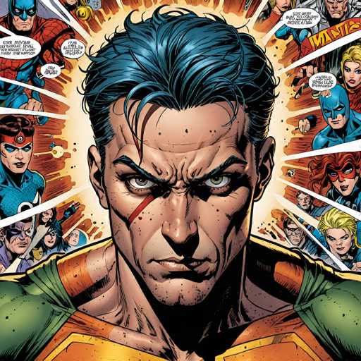 The image depicts a man with blue hair and a green shirt, surrounded by a group of people wearing colorful costumes. The background is filled with comic book panels featuring various characters from different comic books such as Spider-Man, Batman, and the Hulk.