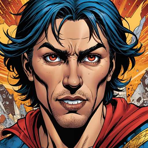 The image shows a close-up portrait of a man with blue hair and a red cape. The man's face is the main focus, with his eyes wide open and a serious expression on his face. The background features an explosion, adding to the intensity of the scene.