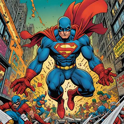 The image depicts a superhero character named Superman leaping into action against an enemy force on the streets of New York City. The cityscape is filled with buildings and people, creating a sense of urgency in the scene. The color palette is dominated by shades of blue and orange, reflecting the bright sunlight and the fiery determination of the superhero.