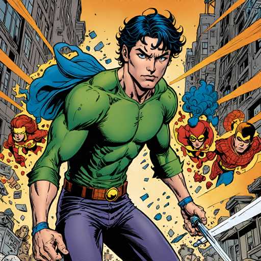 The image depicts a superhero named Blue Man standing in front of a cityscape with buildings and explosions. The superhero is wearing a green shirt and blue pants, and has a cape that is partially open behind him. There are four other superheroes in the background, each with their own unique costumes and expressions.