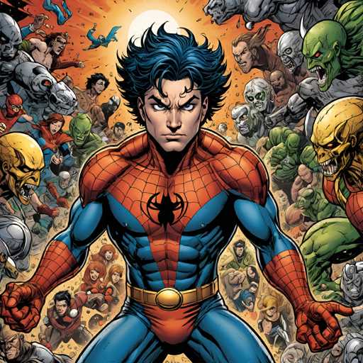 The image depicts a vibrant scene from the comic book series "The Amazing Spider-Man" featuring the main character Spider-Man standing in front of a crowd of people and other characters. The background is filled with various elements such as buildings, trees, and other characters that contribute to the overall atmosphere of the scene.