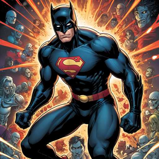 The image depicts a man dressed as Batman standing in front of a group of people wearing Superman costumes. The background is filled with bright orange and yellow explosions, creating an intense atmosphere.