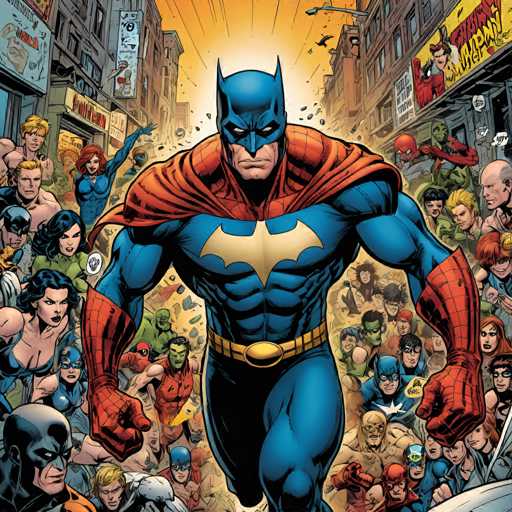 The image depicts a superhero character named Batman standing in front of a crowd of people on a city street. The crowd is made up of various characters from comic books and movies, including Spiderman, Superman, and the Joker. The background shows an urban setting with buildings and signs, suggesting that this scene takes place in a bustling city environment.