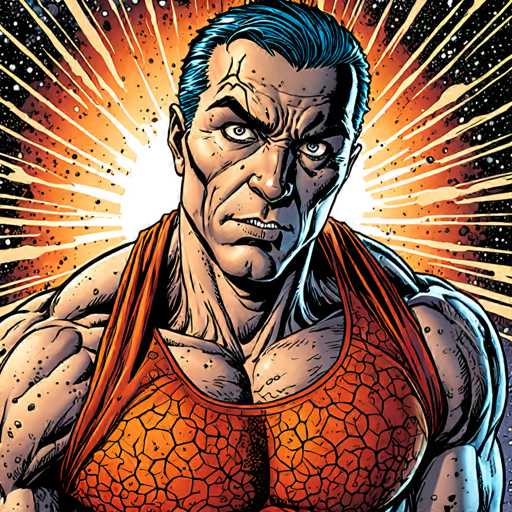 The image depicts a muscular man with blue hair wearing an orange tank top and red shorts. The background is a vibrant explosion of colors, creating a sense of energy and dynamism. The man's expression appears to be intense or angry, adding a dramatic element to the scene.