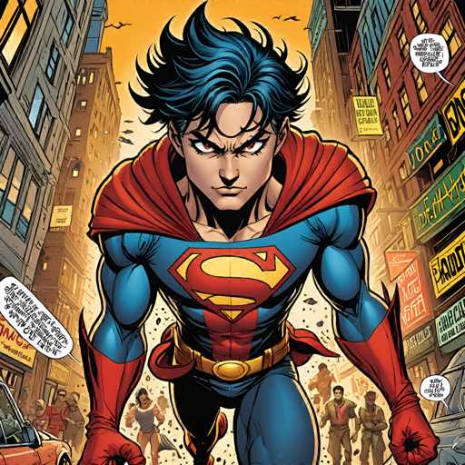 The image depicts a superhero character named Superman standing on a city street surrounded by buildings and people. The character is wearing a blue suit with gold accents and a red cape, and has his arms raised in victory or triumph over the crowd around him.