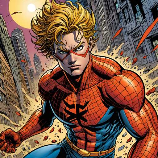 The image depicts a man with blonde hair and blue eyes wearing a red and black spiderman costume. The man is standing on a city street surrounded by buildings of various sizes and colors, including white, gray, and orange. The background features the sun setting behind the buildings, creating a warm glow over the scene.
