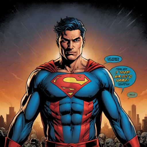The image depicts a man dressed as Superman standing against a backdrop of a city skyline at sunset. The man is wearing his iconic blue suit and red cape, with the words "Superman" written on his chest in white letters. In the background, there are buildings that appear to be made of concrete or stone, suggesting an urban setting.