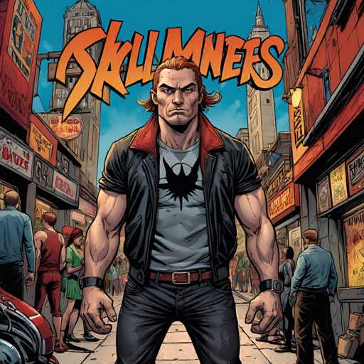 The image depicts a man standing on a street corner wearing a black leather jacket and blue jeans with a red and white logo on his chest. The background shows buildings and signs, suggesting an urban setting.
