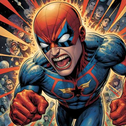 The image depicts a man dressed as Spiderman with his mouth open and fists clenched, surrounded by a crowd of people who appear to be cheering or reacting to the scene. The background is filled with bright orange rays emanating from the center, creating an intense atmosphere.