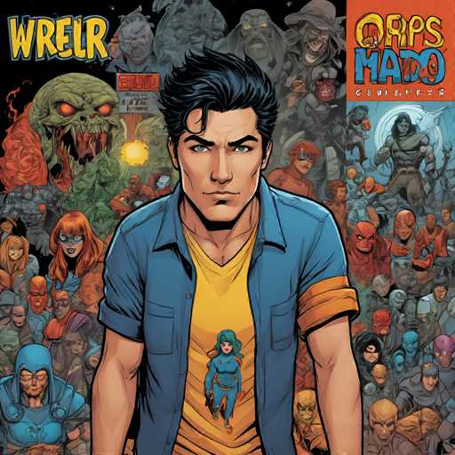The image is a vibrant comic book cover for "Wreiter's Mad Max" by the artist Matt Groeninger. The main character on the cover is a young man wearing a blue shirt and yellow pants with a green backpack slung over his shoulder. He stands in front of a crowd of people, some of whom are holding weapons, suggesting that they might be part of a battle or a group of characters from the comic book series.

The background features various other characters, including a green monster, a red dragon, and a blue alien with wings. The cover is predominantly colored in shades of orange, yellow, and black, creating a striking contrast against the white text that reads "Wreiter's Mad Max" at the top.
