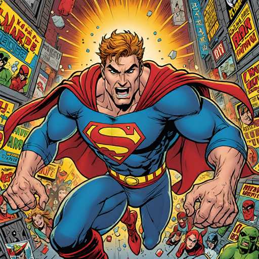 The image depicts a man dressed as Superman, with his cape billowing behind him and his muscles flexed out for the camera. The background is filled with various signs and banners, including one that reads "Superman" in bold red letters. The colors used are predominantly blue, yellow, and red, creating a vibrant and energetic atmosphere.
