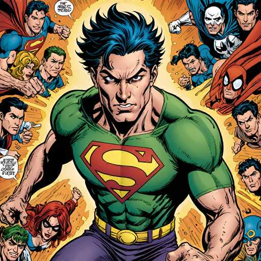 The image depicts a man with blue hair and a green shirt, wearing a yellow belt, surrounded by other characters from the comic book series Superman. The scene is set against an orange background, which adds to the overall visual appeal of the illustration.