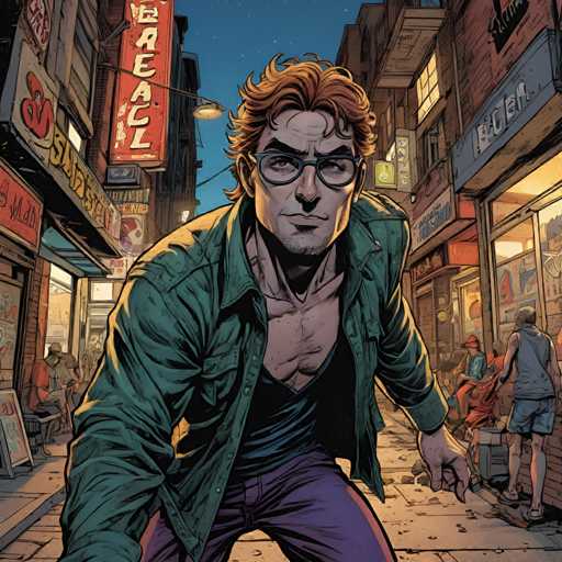 The image depicts a man wearing glasses and a green jacket walking down a city street at night. The man is the main subject of the illustration, with other people visible in the background but not as prominent features. The style of the illustration leans towards realism, capturing the details of the urban environment and the characters' expressions.
