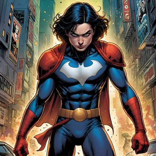 The image depicts a female superhero with blue hair and a red cape standing in the center of a cityscape filled with buildings and signs. The superhero is wearing a blue bodysuit with gold accents and a red cape that billows behind her as she strides forward.