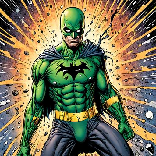 The image depicts a green-skinned superhero with a yellow belt and a black bat symbol on his chest, standing against a backdrop of orange and blue explosions. The superhero is positioned centrally within the frame, facing towards the right side of the image.
