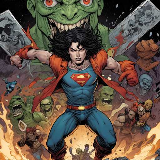 The image depicts a man dressed as Superman with his arms raised and legs spread out, surrounded by a group of people wearing various costumes including a green monster, a red-haired woman, and a blue-haired man. The background is filled with smoke and flames, creating an intense atmosphere that complements the superhero theme.