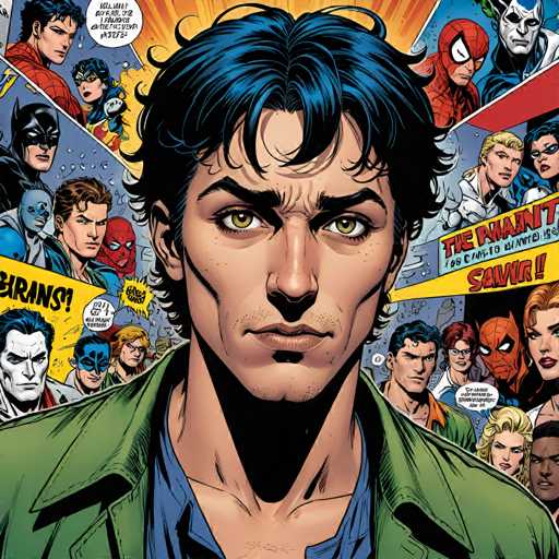 The image depicts a man with blue hair and a green jacket standing in front of a comic book panel filled with various characters from different comic books such as Spiderman, Batman, and the Hulk. The panels are arranged in a grid-like pattern, creating a sense of depth and dimension to the scene.