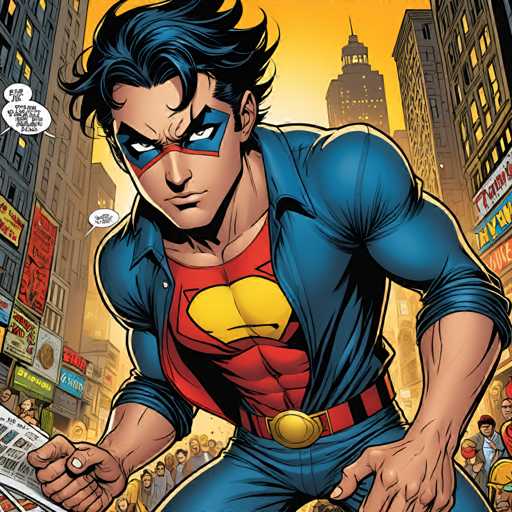 The image depicts a man dressed as Superman standing on a street corner with his arms crossed and looking off into the distance. The background features tall buildings and other people walking around, creating an urban setting for the scene.