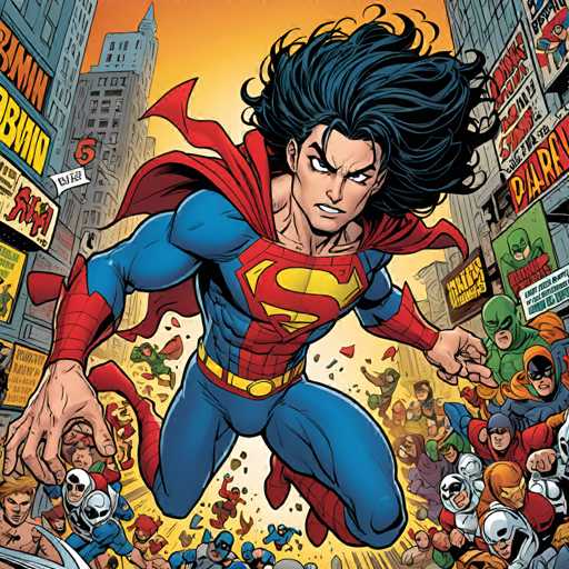 The image depicts a man dressed as Superman soaring through an urban landscape filled with buildings and signs. The man is wearing a blue suit with red accents and a red cape, and his hair is styled in a wild manner. In the background, there are other people visible, but they are not the main focus of the scene.