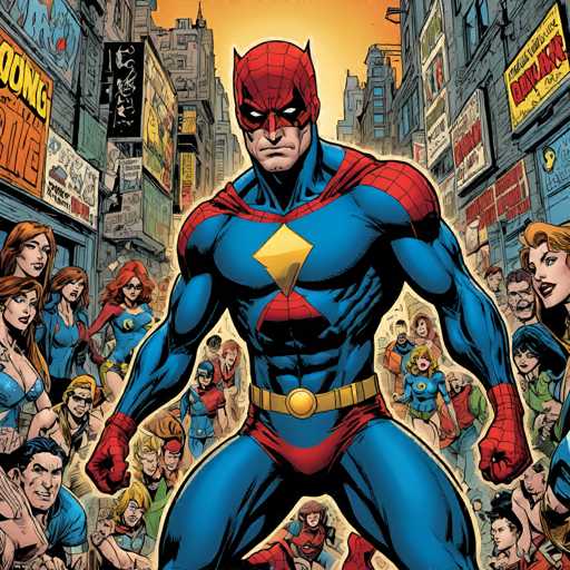 The image depicts a superhero character with blue and red body suit and a red mask, standing in the center of a bustling city street surrounded by numerous people. The superhero is facing towards the right side of the image, while the crowd forms a dynamic backdrop to the scene.