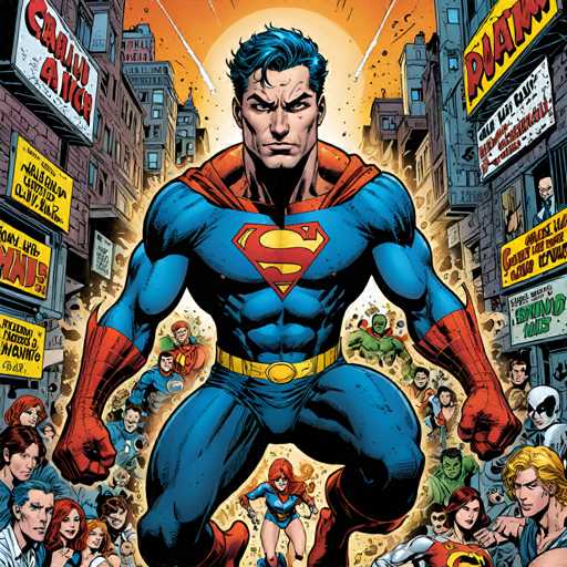 The image depicts a man dressed as Superman standing in front of a crowd of people on a city street. The crowd is made up of various individuals, including some holding signs and banners that read "RAAT" and "DUNGEON". The background features buildings and other urban elements typical of a cityscape.