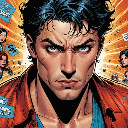 The image depicts a close-up portrait of a man with spiky hair and a serious expression on his face. The background is filled with various elements such as text and illustrations, suggesting that the image could be part of a comic book or graphic novel.