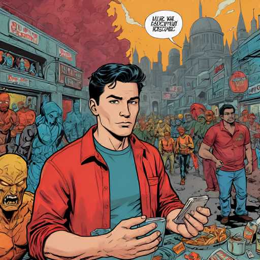 The image depicts a man standing at an outdoor restaurant table with food and drinks on the table. The man is wearing a red shirt and holding a cell phone. In the background, there are other people present in the scene.