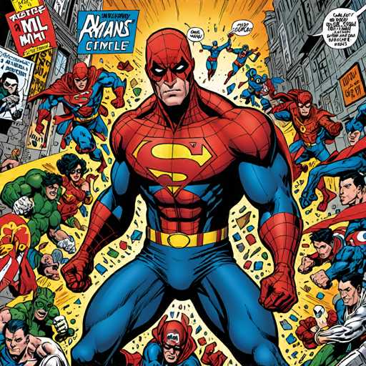 The image depicts a group of superheroes gathered together on a city street. The main focus is a man wearing a red and blue suit with the word "Superman" written across his chest in white letters. Surrounding him are other superheroes, including a green-skinned man holding a shield, a man with a red cape, and another man with a yellow cape.