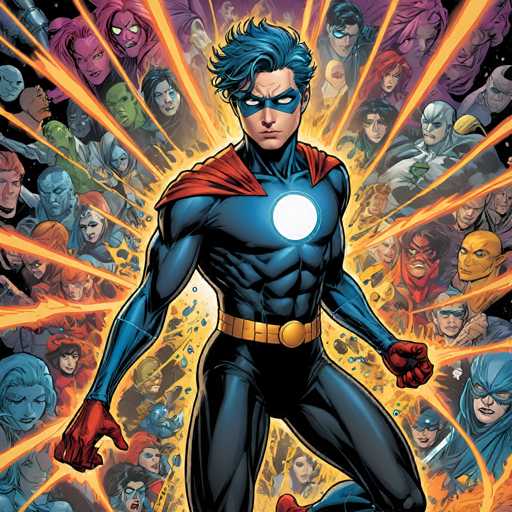 The image is an illustration of a superhero named "Flash" standing against a backdrop of various characters from comic books and movies. The character "Flash" has blue hair and a red cape, and he is wearing a black suit with gold accents. In the background, there are other characters such as a green-skinned man, a woman in a yellow dress, and a man in a purple suit.
