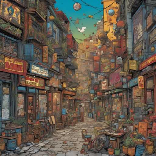 The image depicts a narrow street scene with colorful buildings and shops lining the sides of the road. The sky above is clear blue with fluffy white clouds. There are several people walking along the street, some carrying bags or wearing backpacks. A bicycle is parked on the right side of the street.