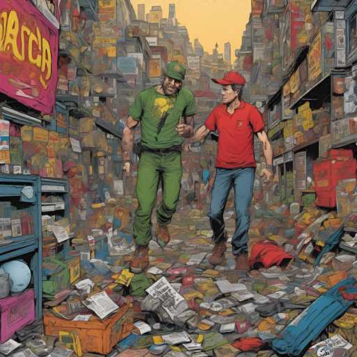 The image depicts two men walking through a city street filled with debris and rubble. One man is wearing a green shirt and carrying a backpack, while the other man is wearing a red shirt and has his arm around the first man's shoulder.