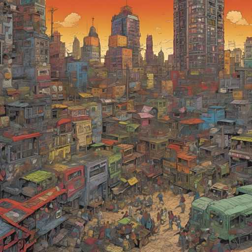 The image depicts a bustling city scene with tall buildings and colorful houses lining the streets. The sky is painted in shades of orange and yellow, creating a warm and inviting atmosphere. The perspective is from ground level, looking up at the towering structures that fill the frame. People can be seen walking on the sidewalks, adding a sense of movement to the scene.