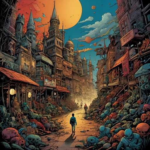 The image depicts a man walking down a street lined with buildings and skulls, creating an eerie atmosphere. The sky above is painted orange, adding a surreal quality to the scene. The perspective of the image suggests it was taken from someone standing on the ground looking up at the towering structures.