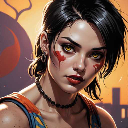 The image depicts a woman with dark hair and red lipstick wearing an orange tank top. She has a black necklace around her neck and is looking directly at the camera. The background features a gradient of colors transitioning from purple to yellow, creating a warm and inviting atmosphere.