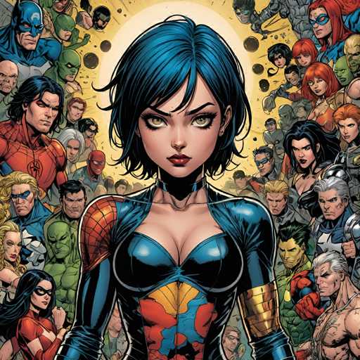 The image depicts a woman with blue hair and a black outfit standing in front of a crowd of people wearing colorful suits and masks. The background is filled with various characters from comic books and superheroes, including Spiderman, Batman, and Superman.